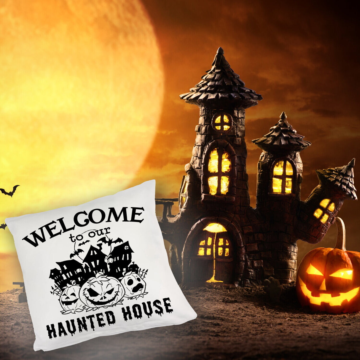 Geisterhaus Halloween Kissen mit Spruch - Welcome to our haunted house