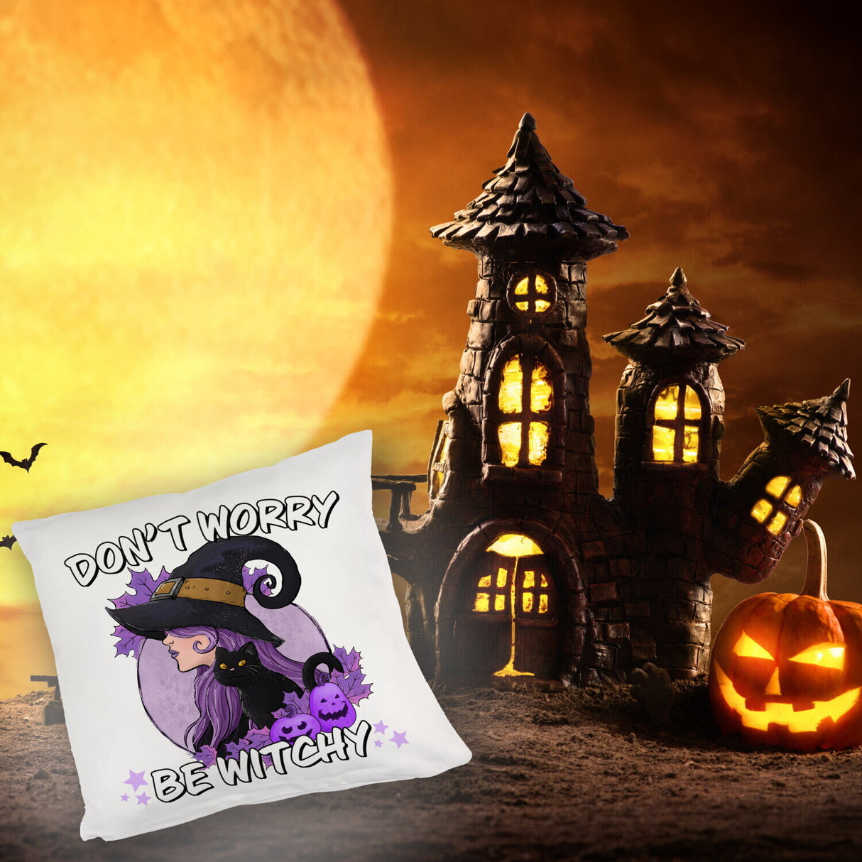 Hexen Kissen mit Spruch - Don't worry be witchy