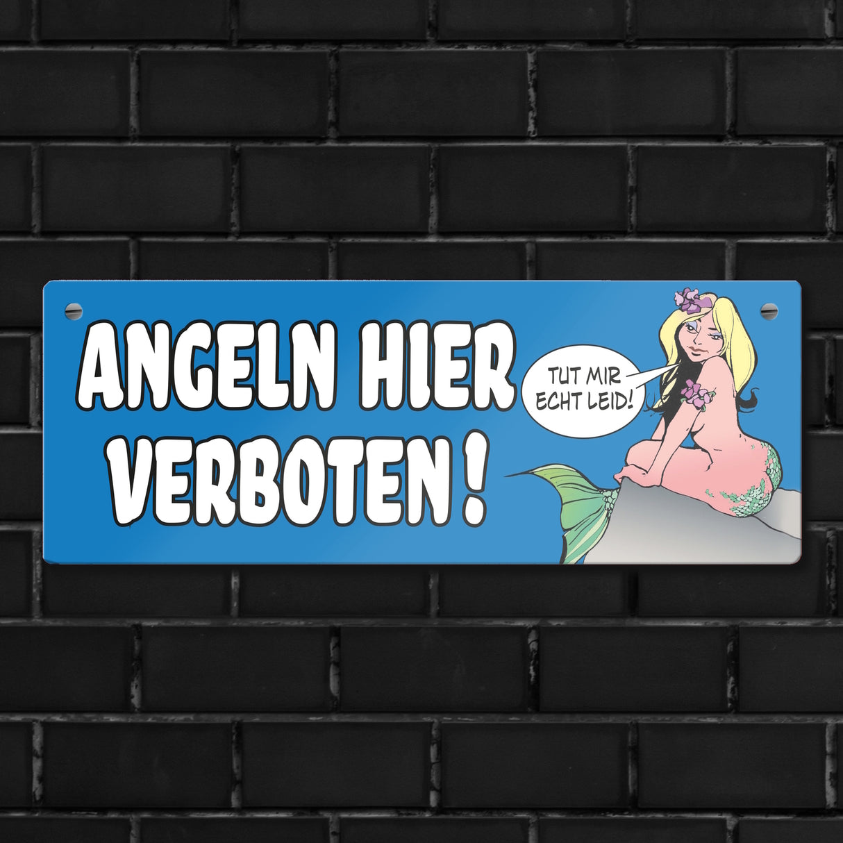 Angeln hier verboten! Metallschild in orange mit Meerjungfrau
