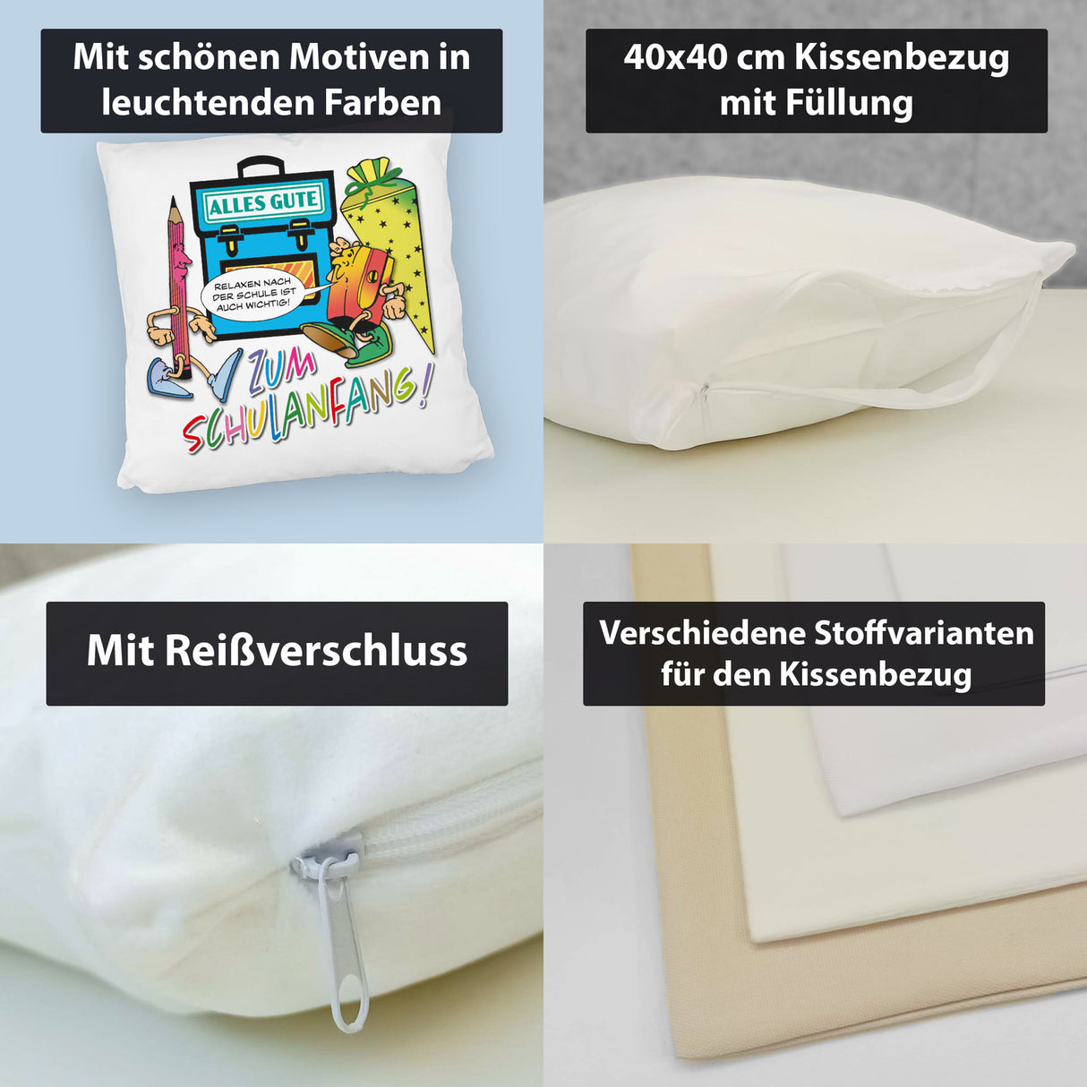 Alles Gute zum Schulanfang Kissen mit lustigen Schulmotiven
