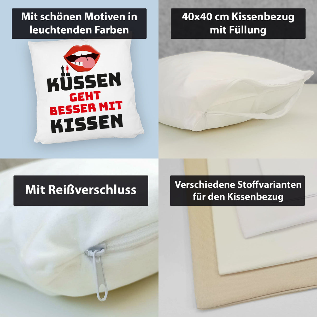 Romantisches Kissen mit Spruch Küssen geht besser mit Kissen