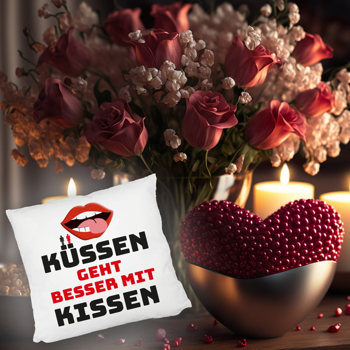 Romantisches Kissen mit Spruch Küssen geht besser mit Kissen
