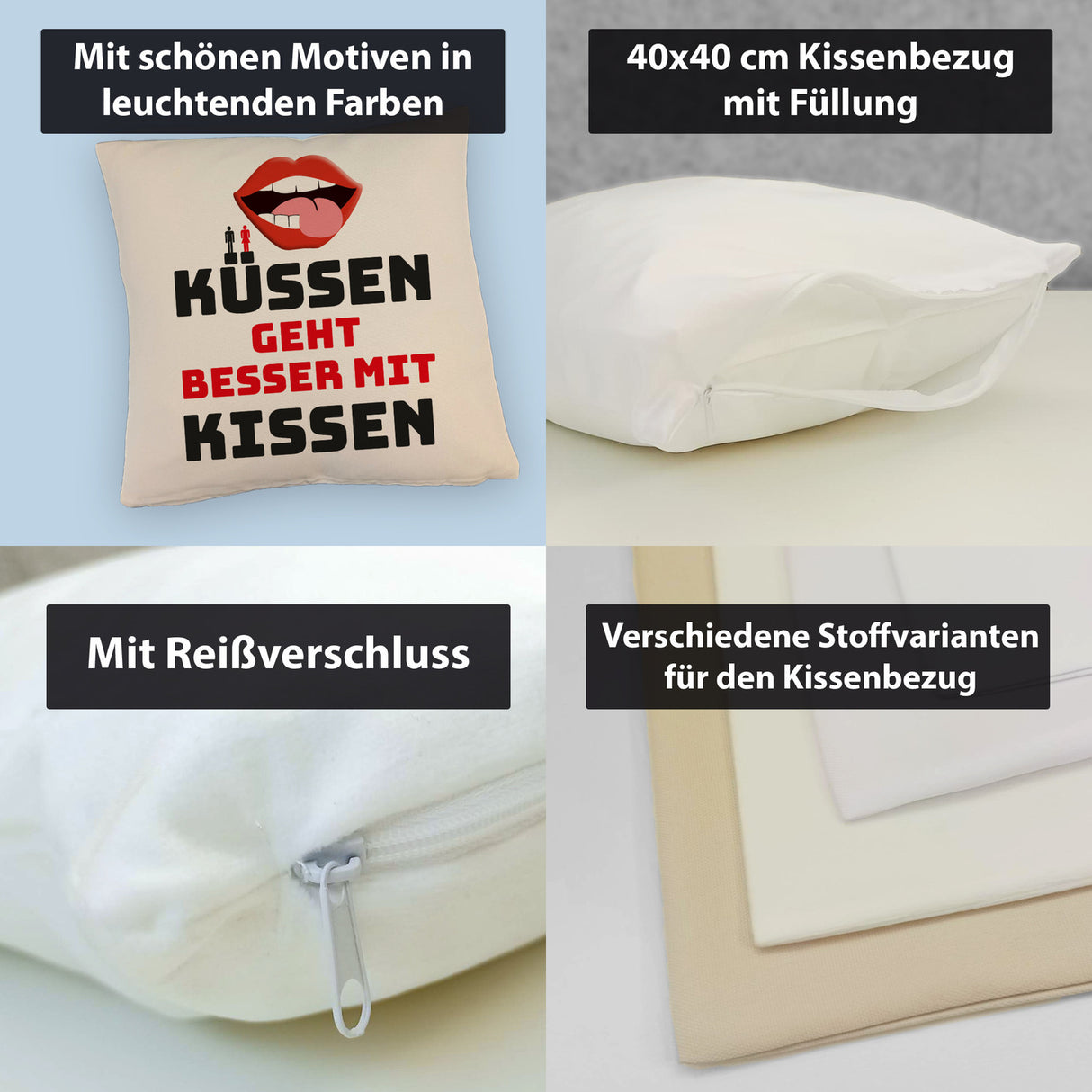 Romantisches Kissen mit Spruch Küssen geht besser mit Kissen