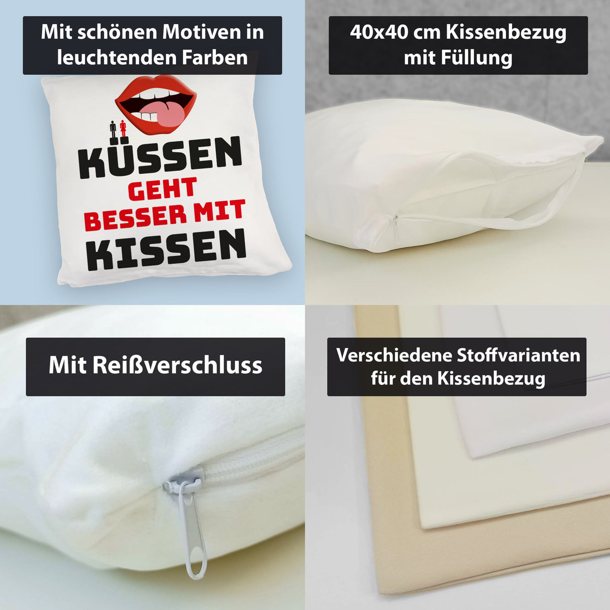 Romantisches Kissen mit Spruch Küssen geht besser mit Kissen