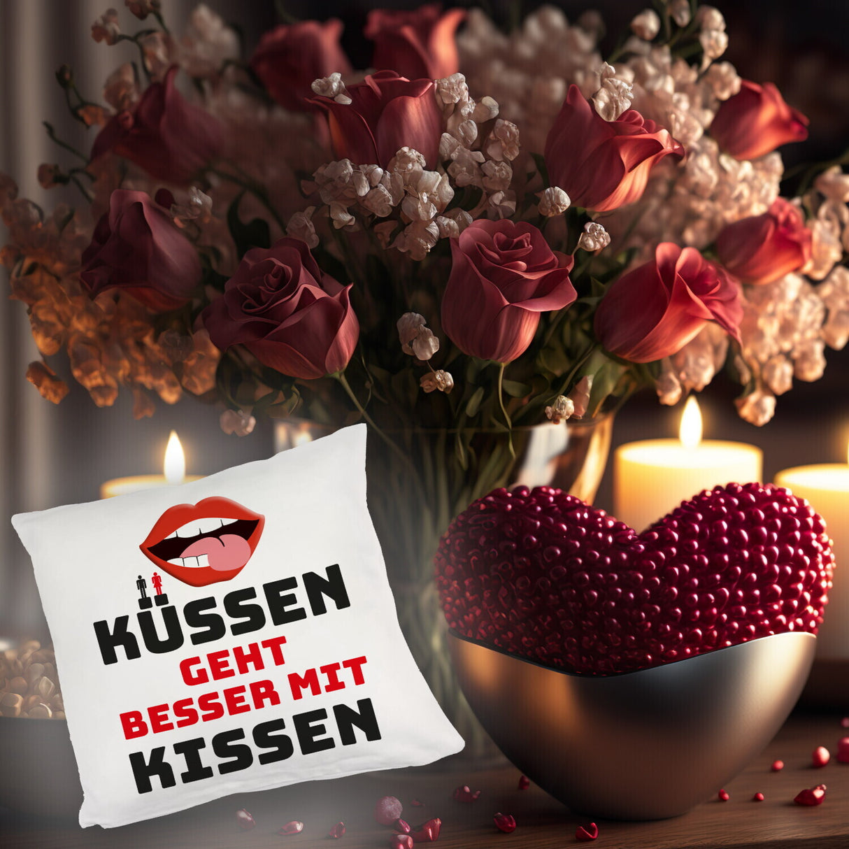 Romantisches Kissen mit Spruch Küssen geht besser mit Kissen