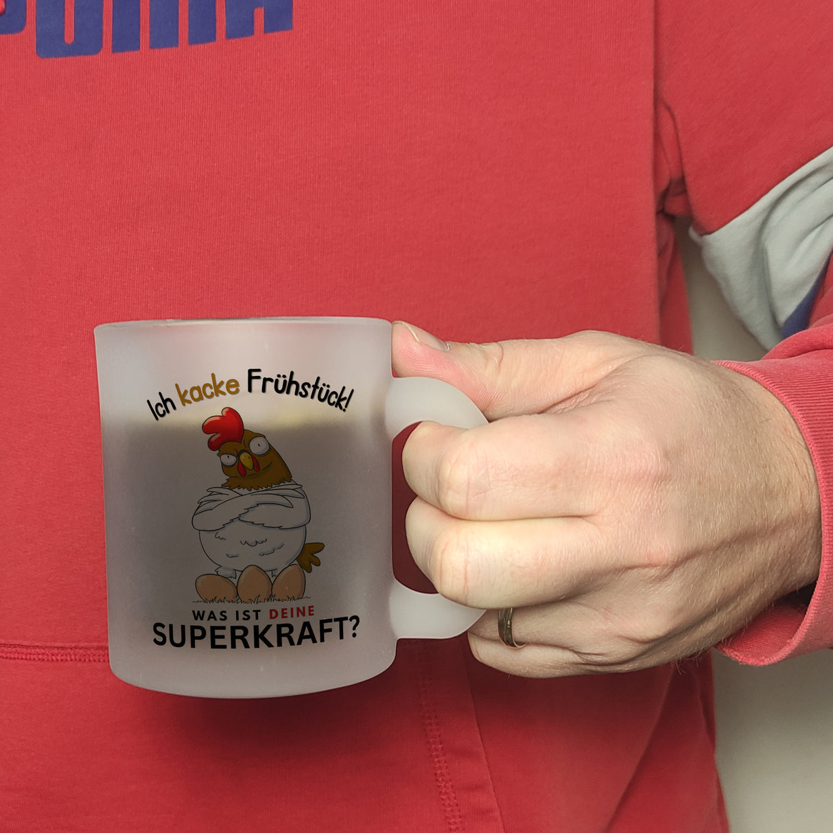 Huhn mit Eiern Kaffeebecher mit Spruch Ich kacke Frühstück