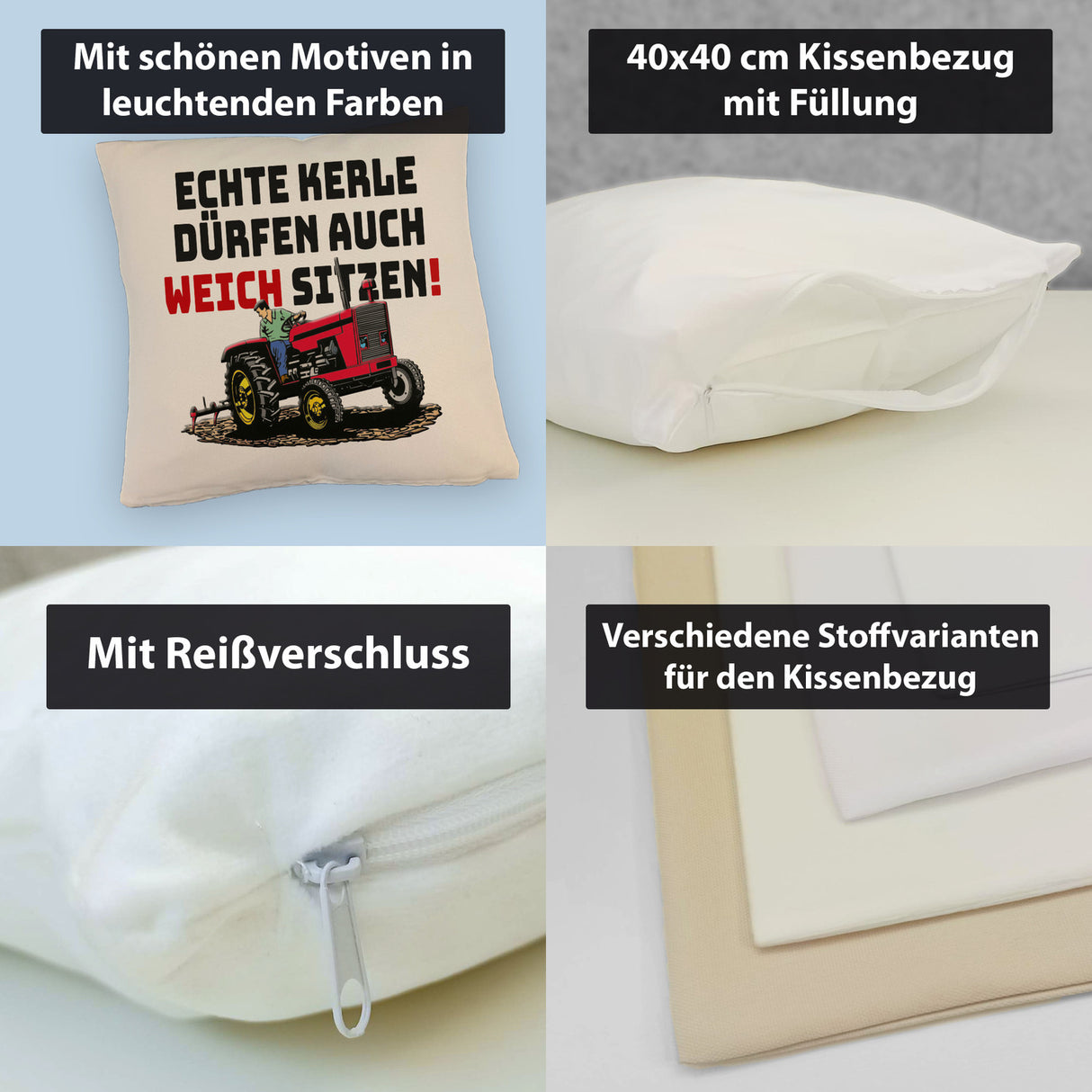 Traktor Kissen mit Spruch Echte Kerle dürfen auch weich sitzen!