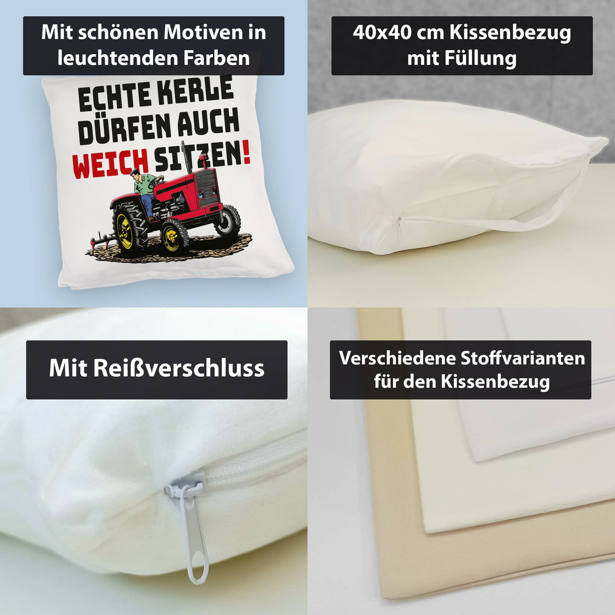 Traktor Kissen mit Spruch Echte Kerle dürfen auch weich sitzen!