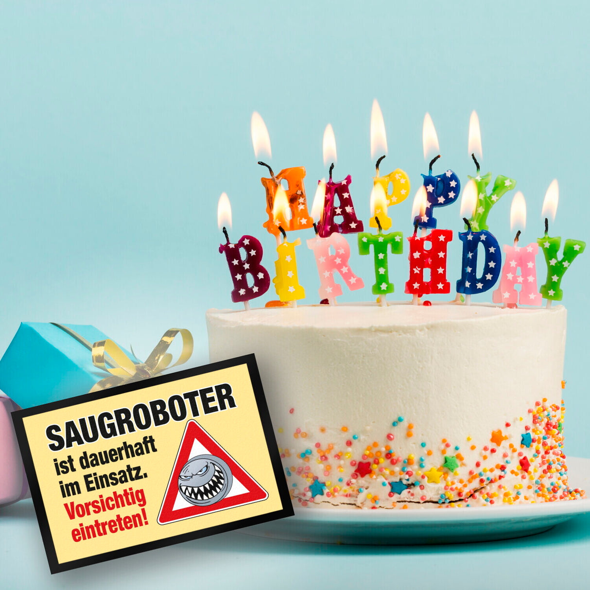 Saugroboter im Einsatz Fußmatte mit Spruch Vorsichtig eintreten!