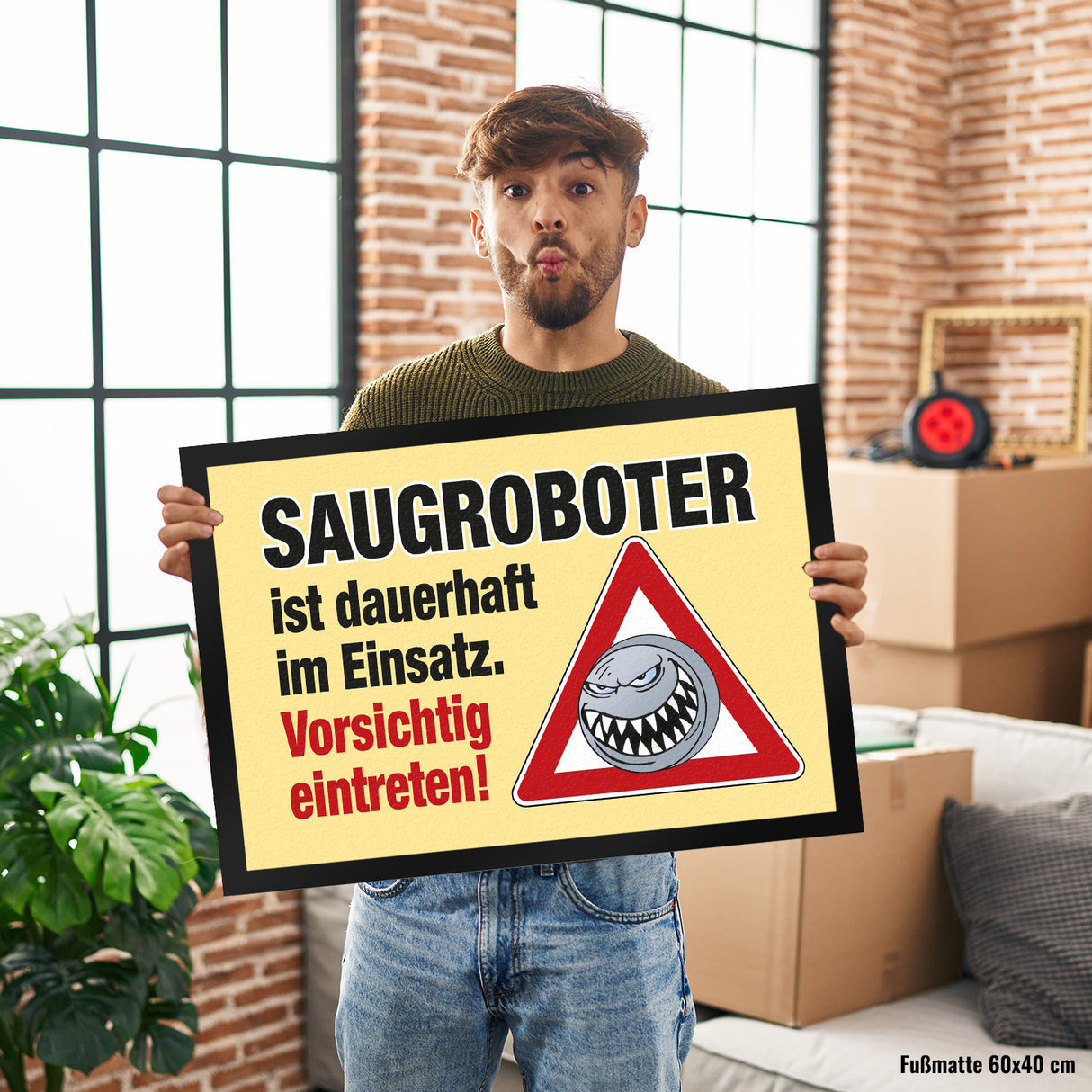 Saugroboter im Einsatz Fußmatte mit Spruch Vorsichtig eintreten!