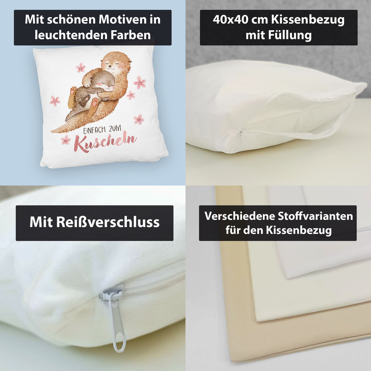 Otter Baby und Mutter Kissen mit Spruch Einfach zum Kuscheln