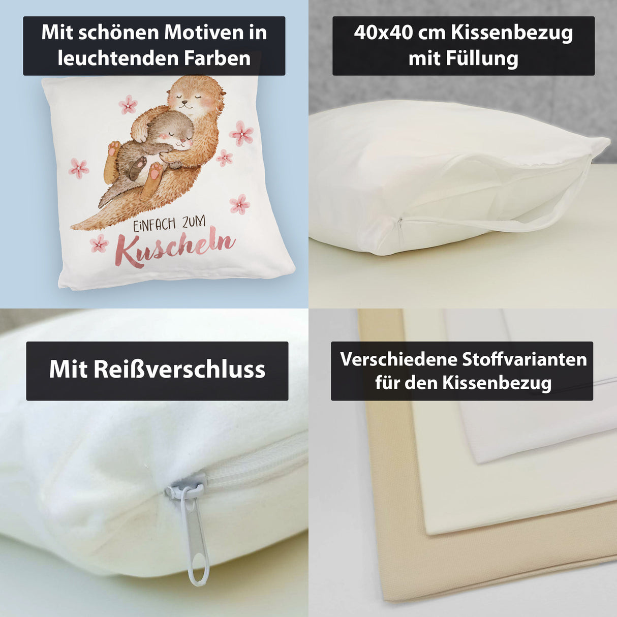 Otter Baby und Mutter Kissen mit Spruch Einfach zum Kuscheln