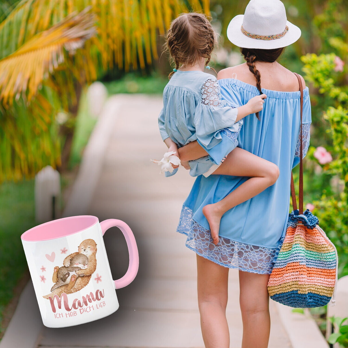 Otter Baby und Mutter Kaffeebecher mit Spruch Mama ich hab dich lieb