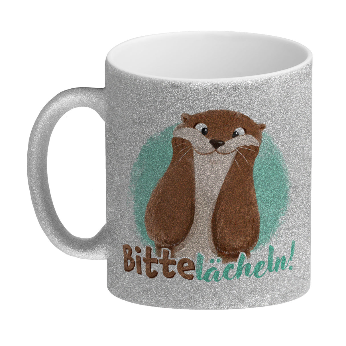Lachender Otter Kaffeebecher mit Spruch Bitte lächeln