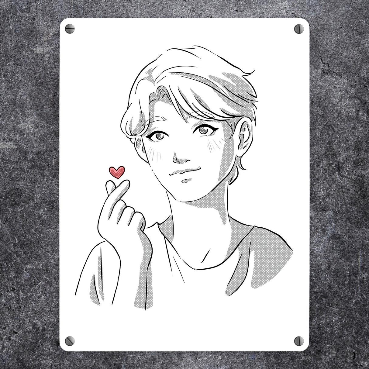 K-Pop Herz Zeichen Metallschild in 15x20 cm mit Manga Charakter in Farbe