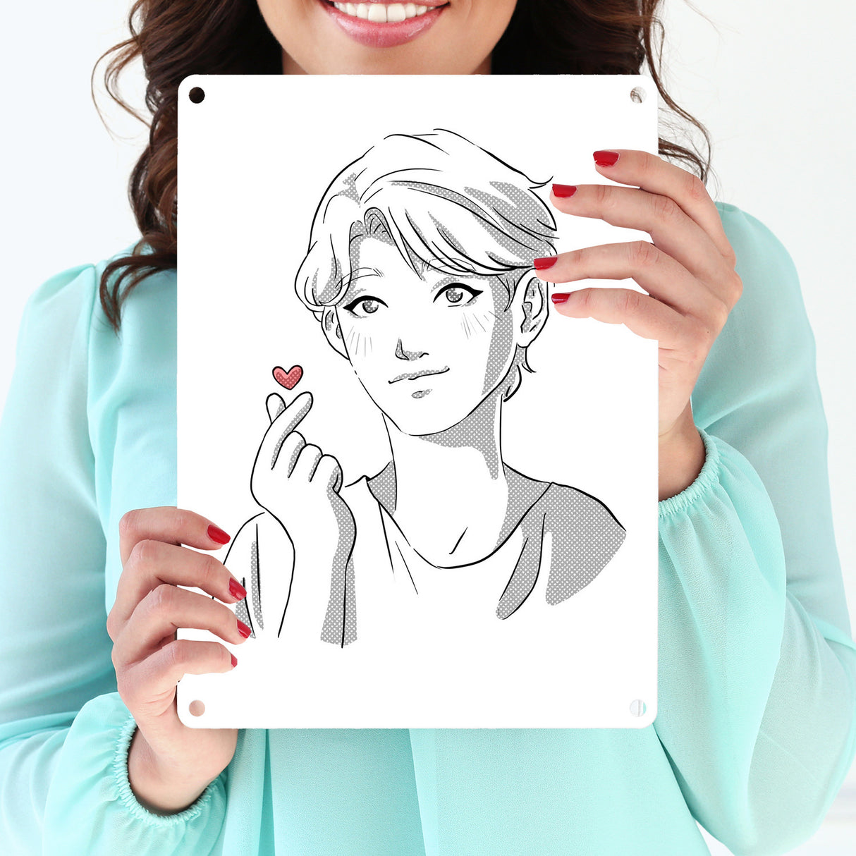 K-Pop Herz Zeichen Metallschild in 15x20 cm mit Manga Charakter in Farbe