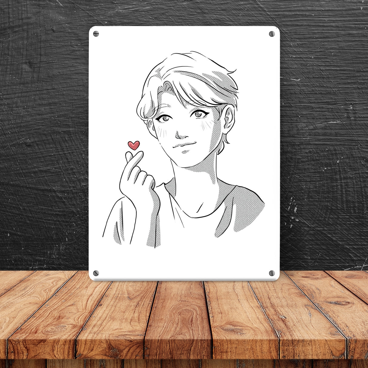 K-Pop Herz Zeichen Metallschild in 15x20 cm mit Manga Charakter in Farbe