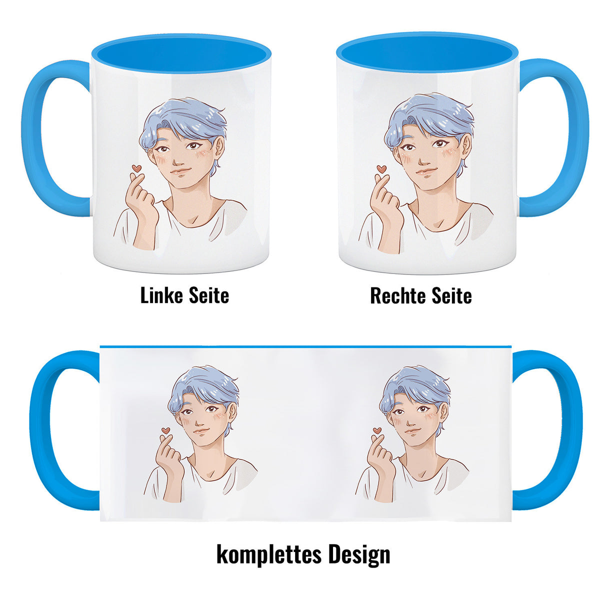 K-Pop Herz Zeichen Kaffeebecher mit Manga Charakter in Farbe