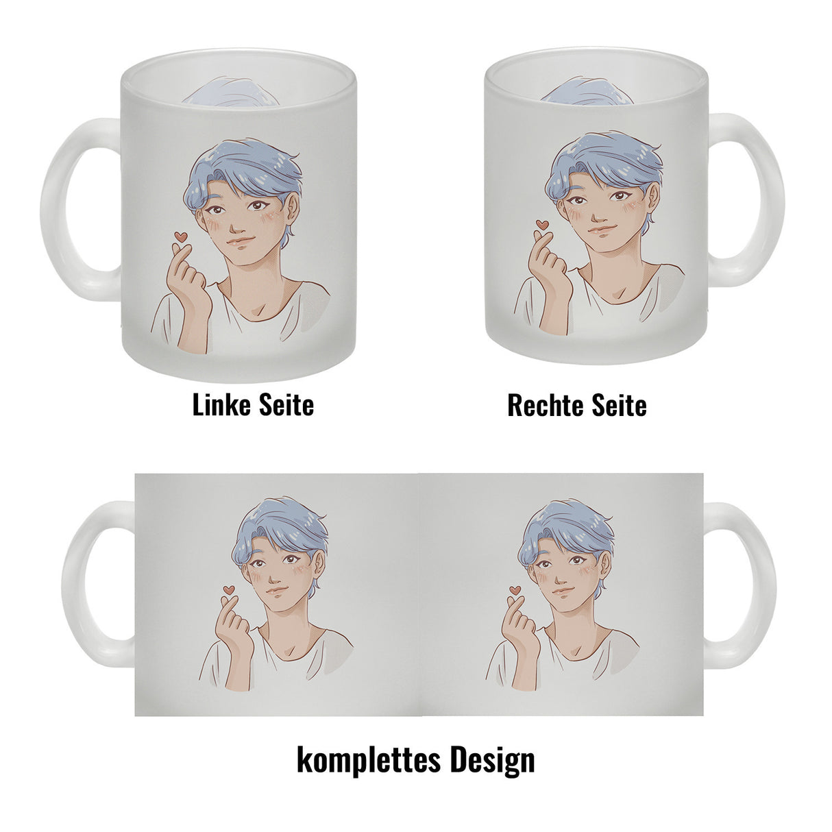 K-Pop Herz Zeichen Kaffeebecher mit Manga Charakter in Farbe