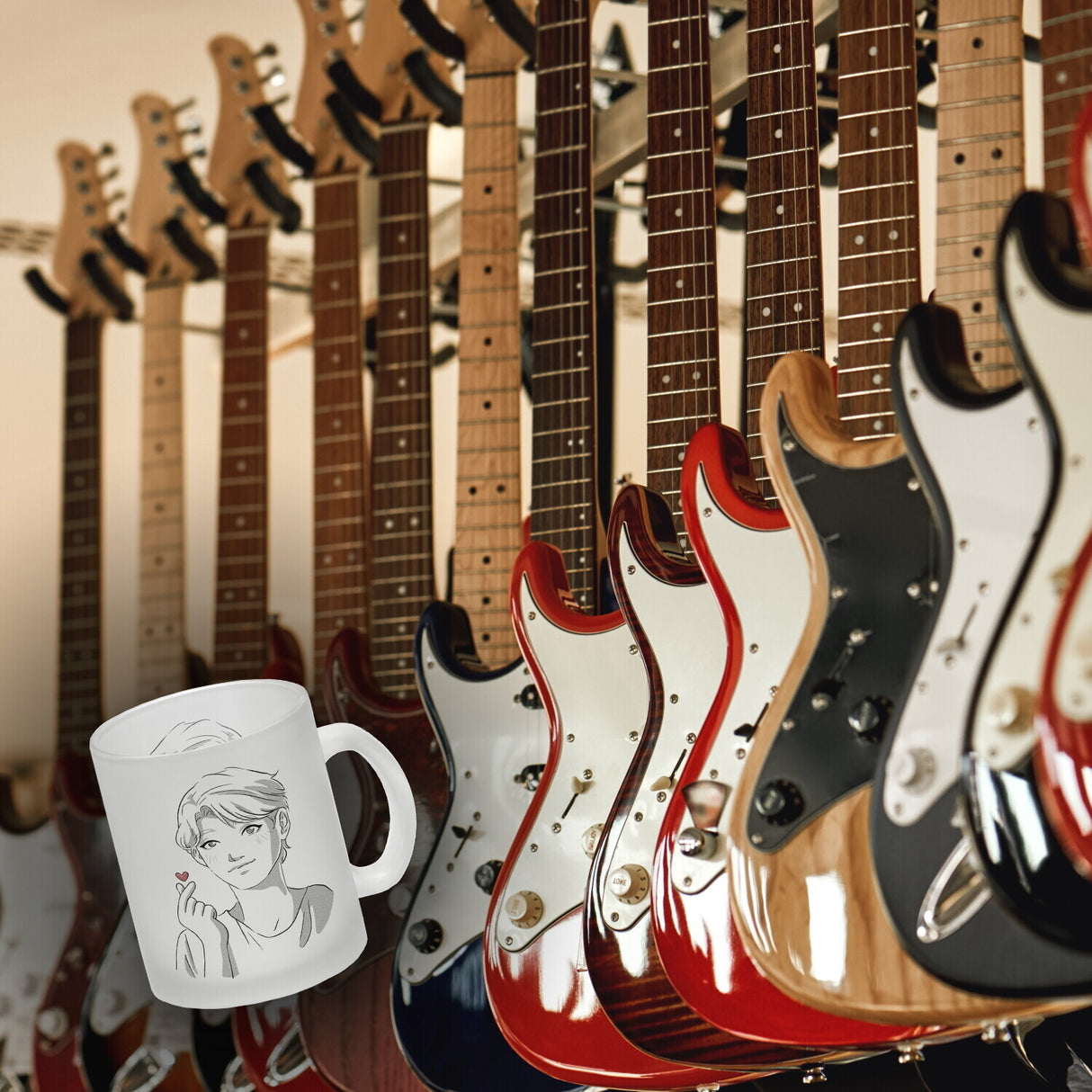 K-Pop Herz Zeichen Kaffeebecher mit Manga Charakter in Farbe