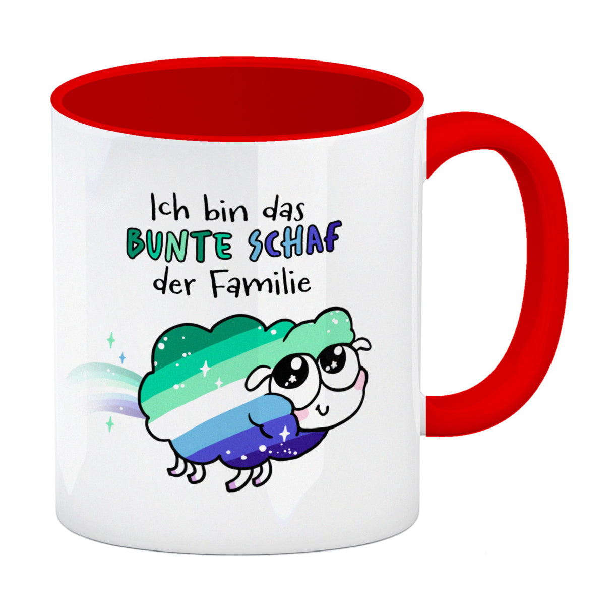 Das bunte Schaf der Familie in Pride-Farben Kaffeebecher mit Spruch