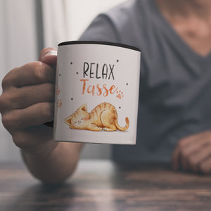 Relaxte Katze Kaffeebecher mit Spruch Relax Tasse