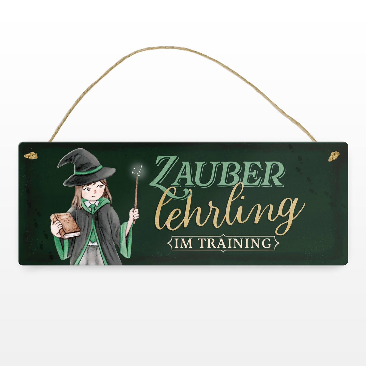 Zauberlehrling Metallschild mit Zauberschülerin mit dunklem Hintergrund