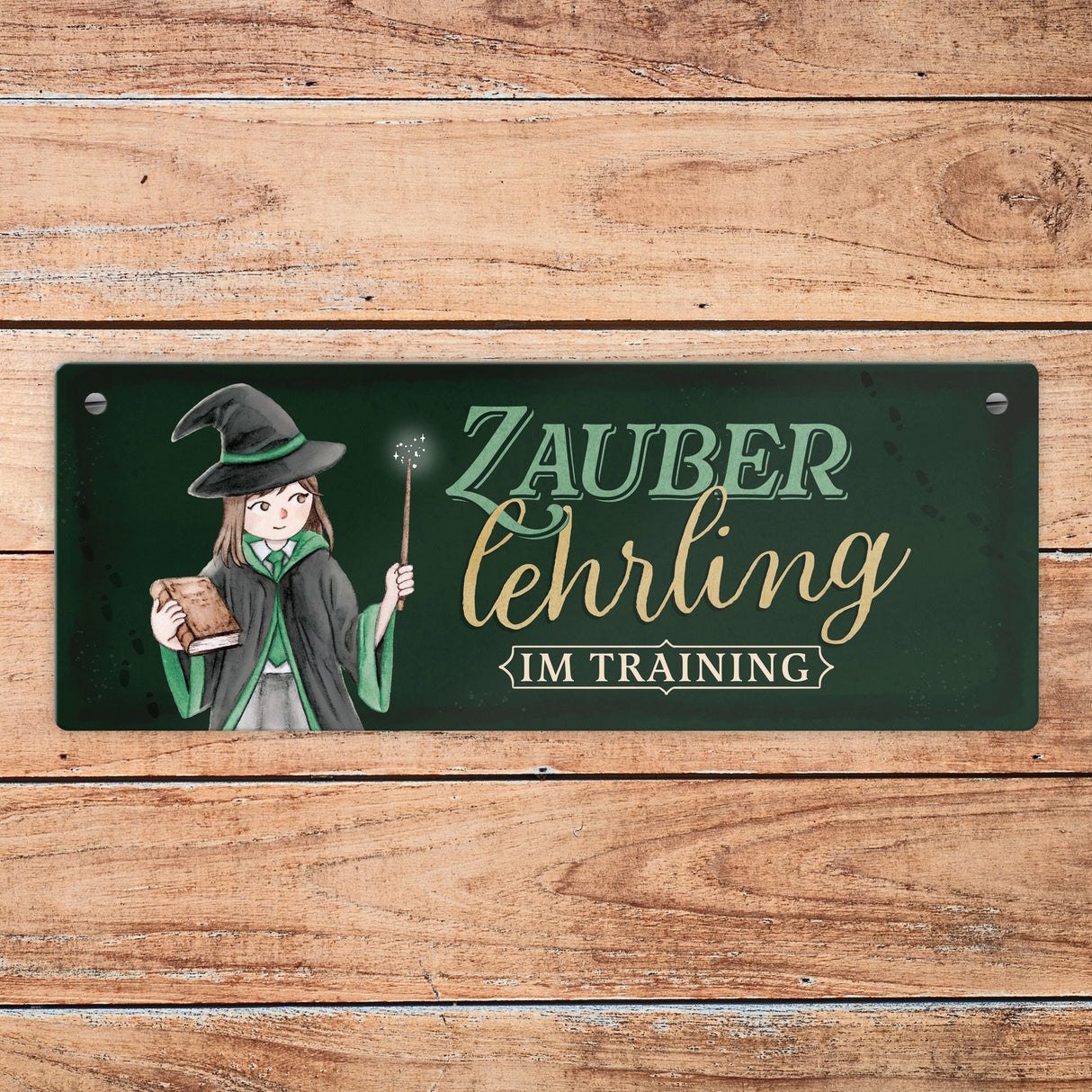 Zauberlehrling Metallschild mit Zauberschülerin mit dunklem Hintergrund