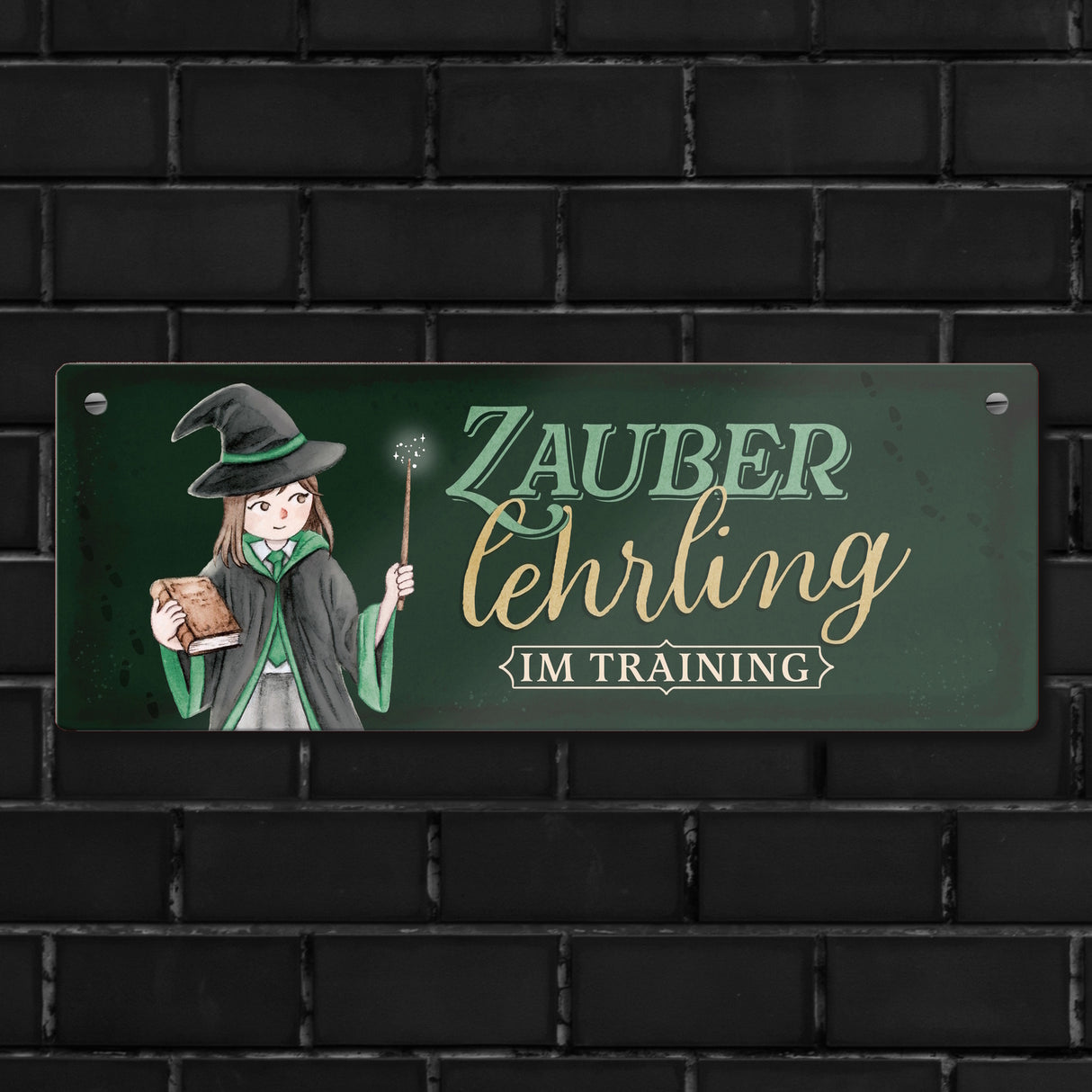 Zauberlehrling Metallschild mit Zauberschülerin mit dunklem Hintergrund