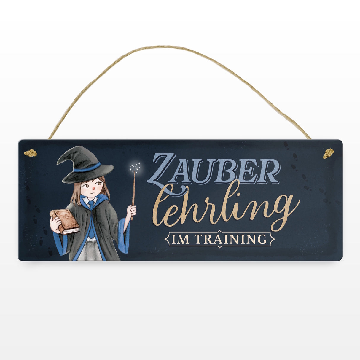 Zauberlehrling Metallschild mit Zauberschülerin mit dunklem Hintergrund