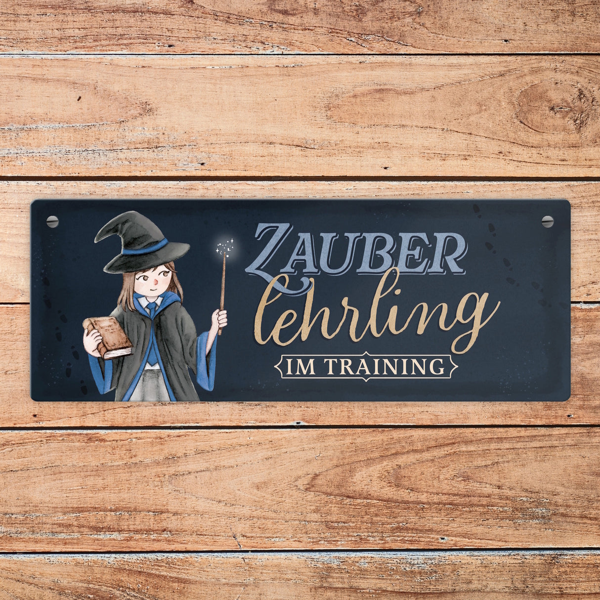 Zauberlehrling Metallschild mit Zauberschülerin mit dunklem Hintergrund