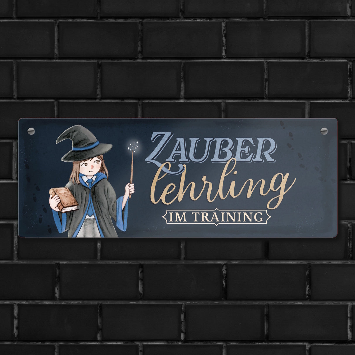 Zauberlehrling Metallschild mit Zauberschülerin mit dunklem Hintergrund