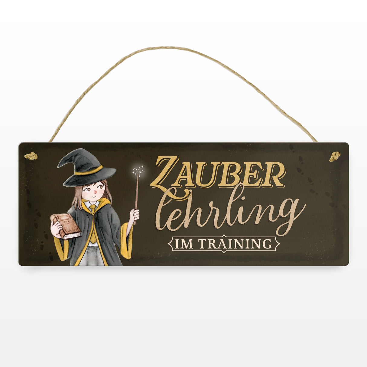 Zauberlehrling Metallschild mit Zauberschülerin mit dunklem Hintergrund