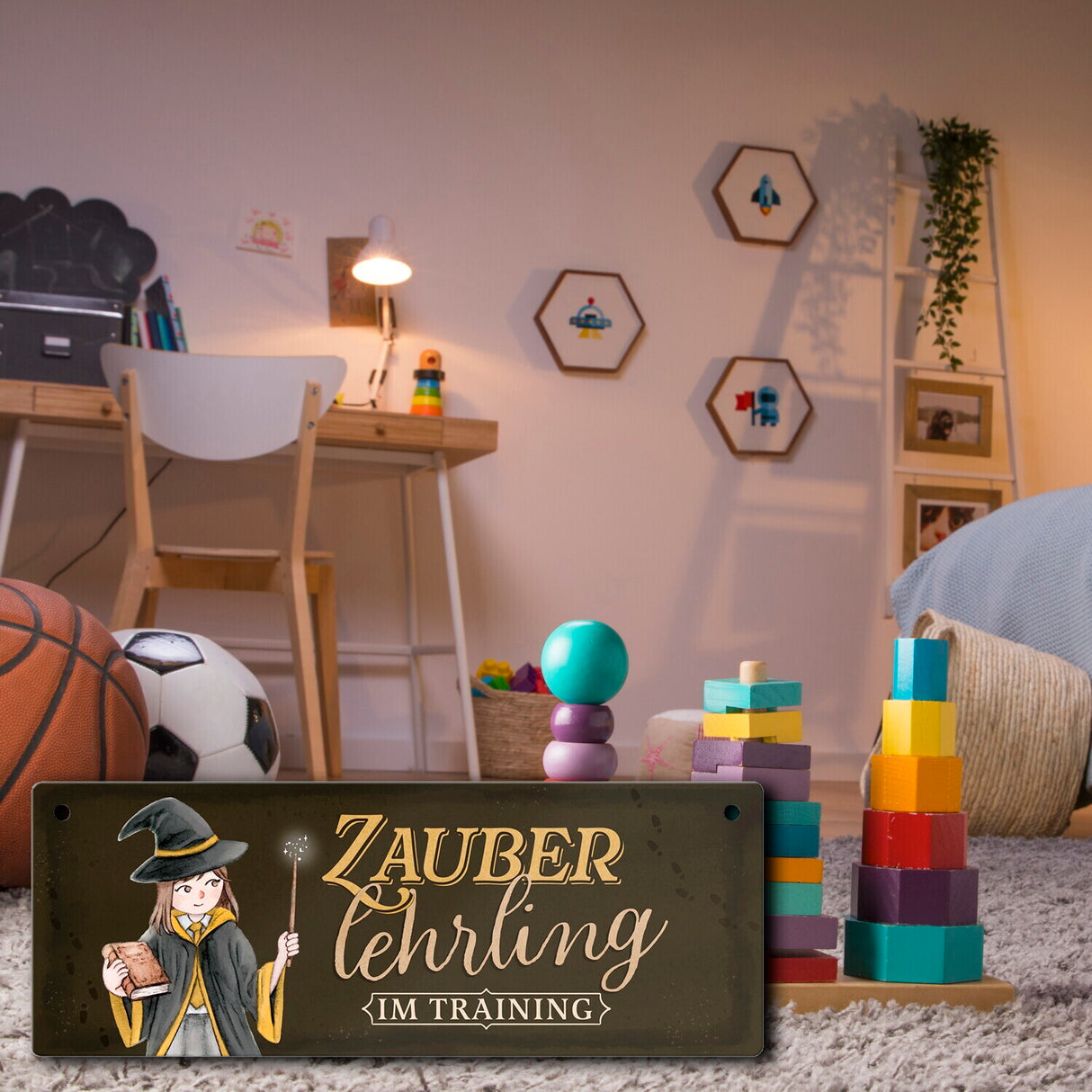 Zauberlehrling Metallschild mit Zauberschülerin mit dunklem Hintergrund