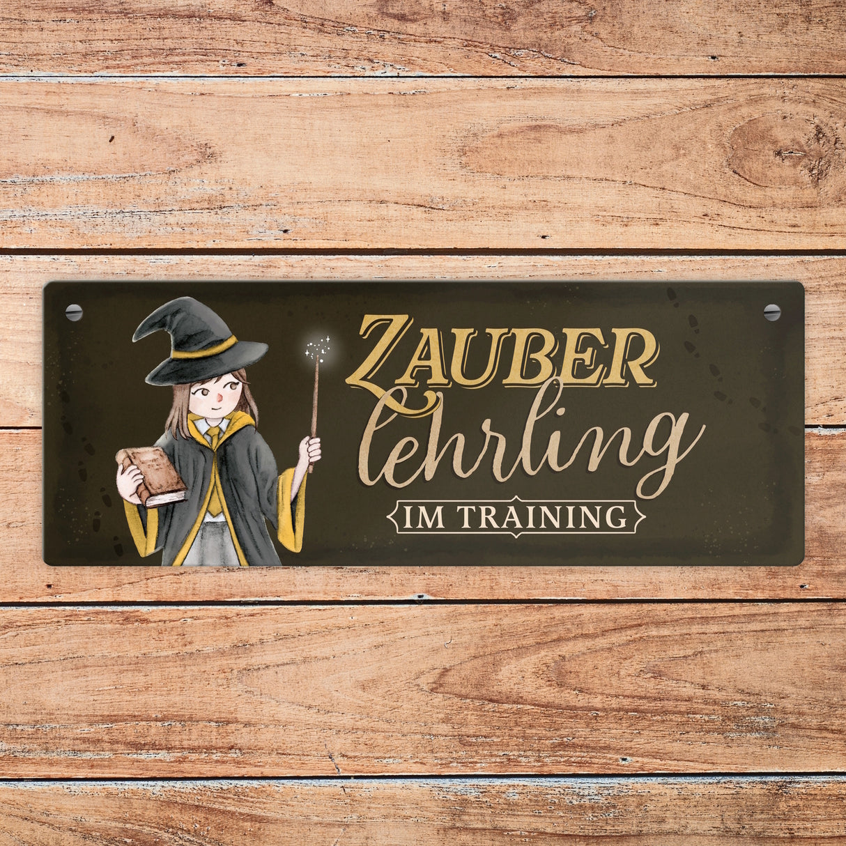 Zauberlehrling Metallschild mit Zauberschülerin mit dunklem Hintergrund