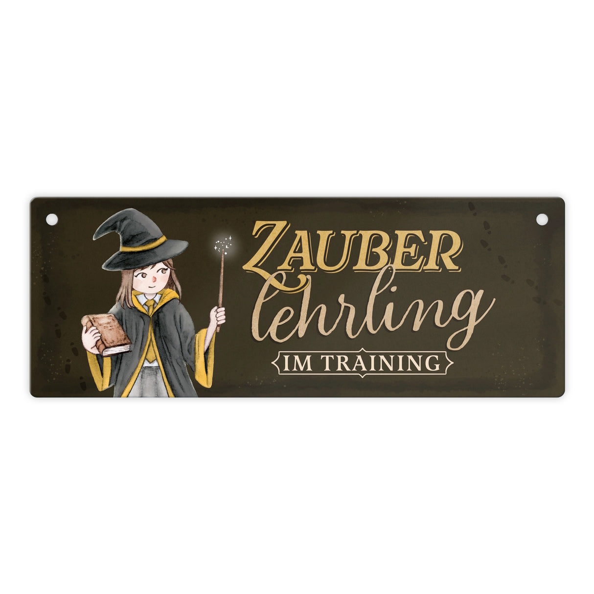 Zauberlehrling Metallschild mit Zauberschülerin mit dunklem Hintergrund