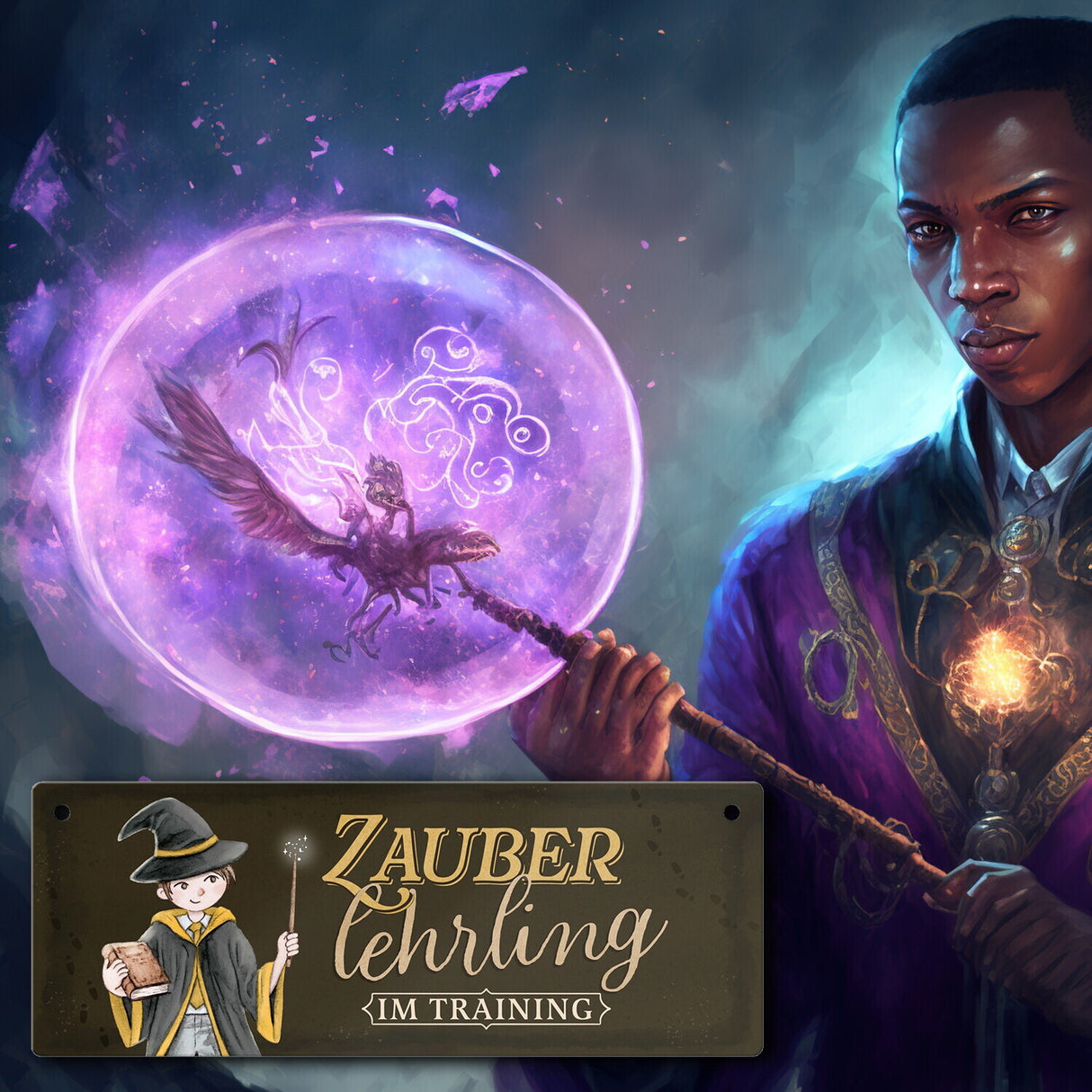 Zauberlehrling Metallschild mit Zauberschüler mit dunklem Hintergrund