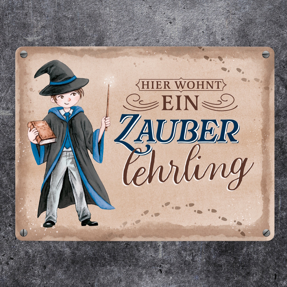 Zauberschüler Metallschild in 15x20 cm mit Spruch Hier wohnt ein Zauberlehrling