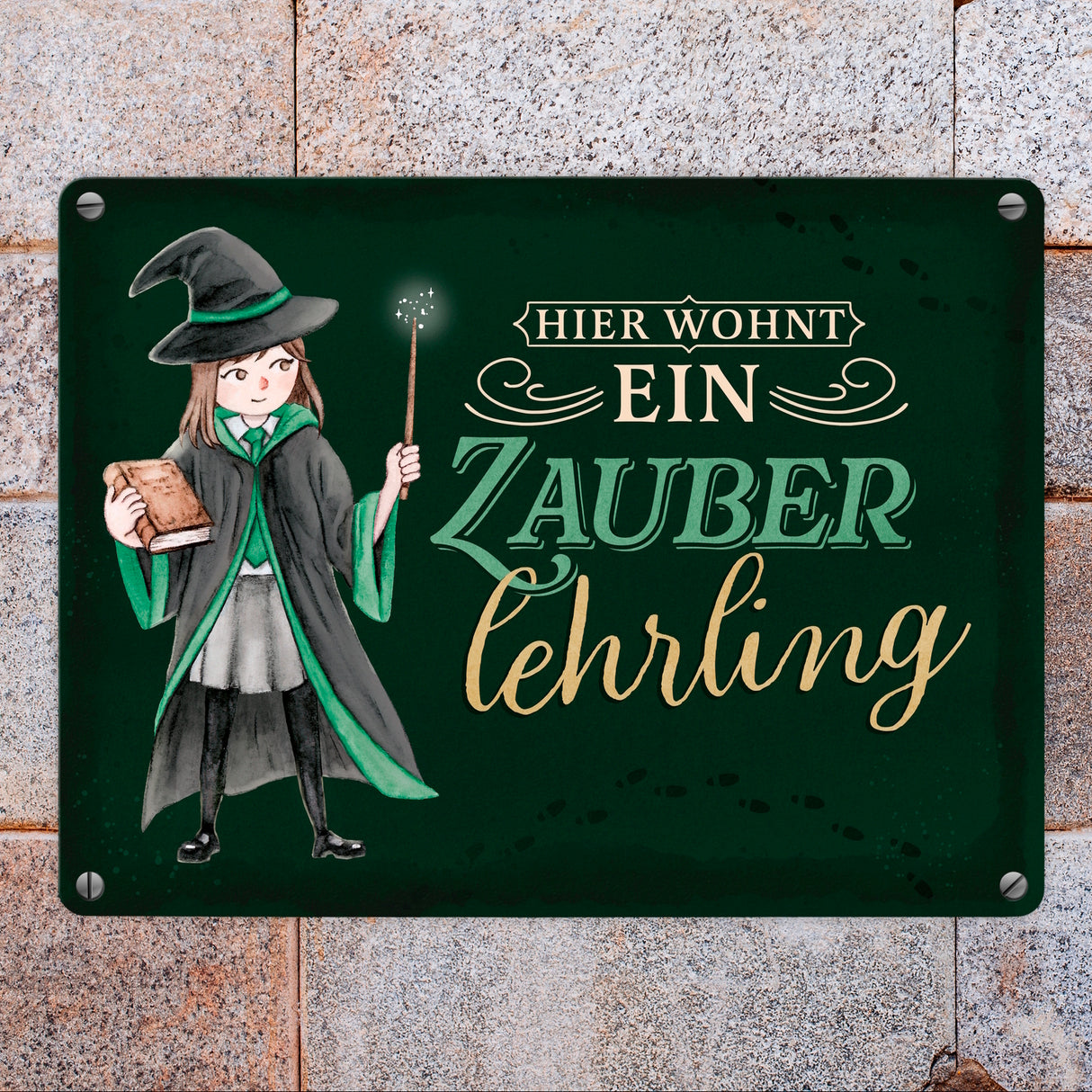 Zauberschülerin Metallschild in 15x20 cm mit dunklem Hintergrund und Spruch