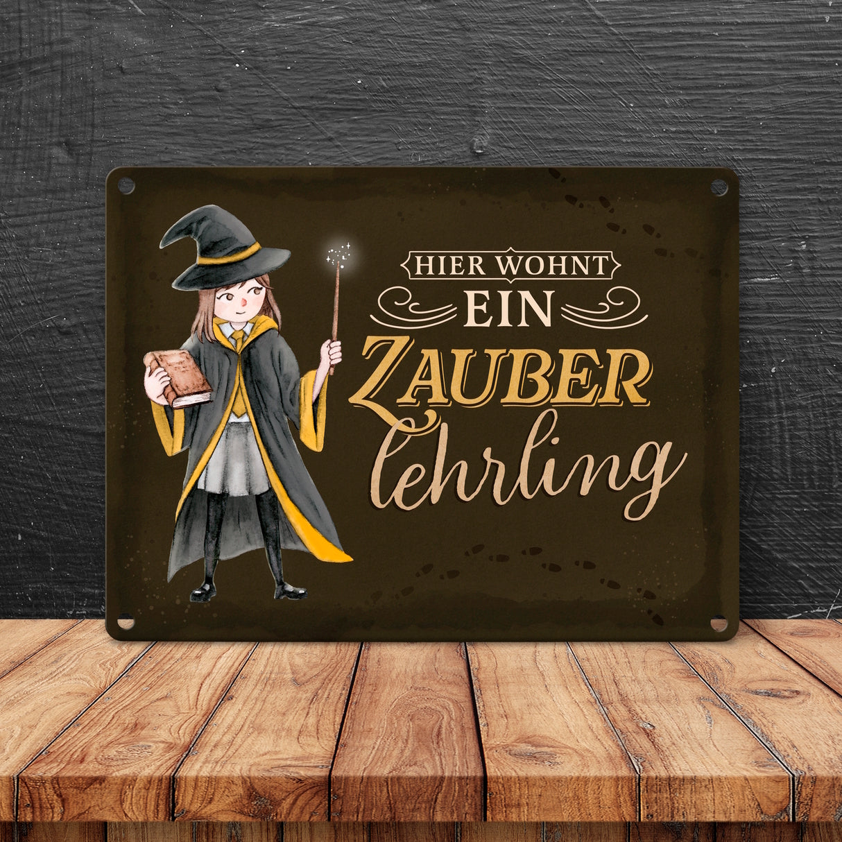 Zauberschülerin Metallschild in 15x20 cm mit dunklem Hintergrund und Spruch