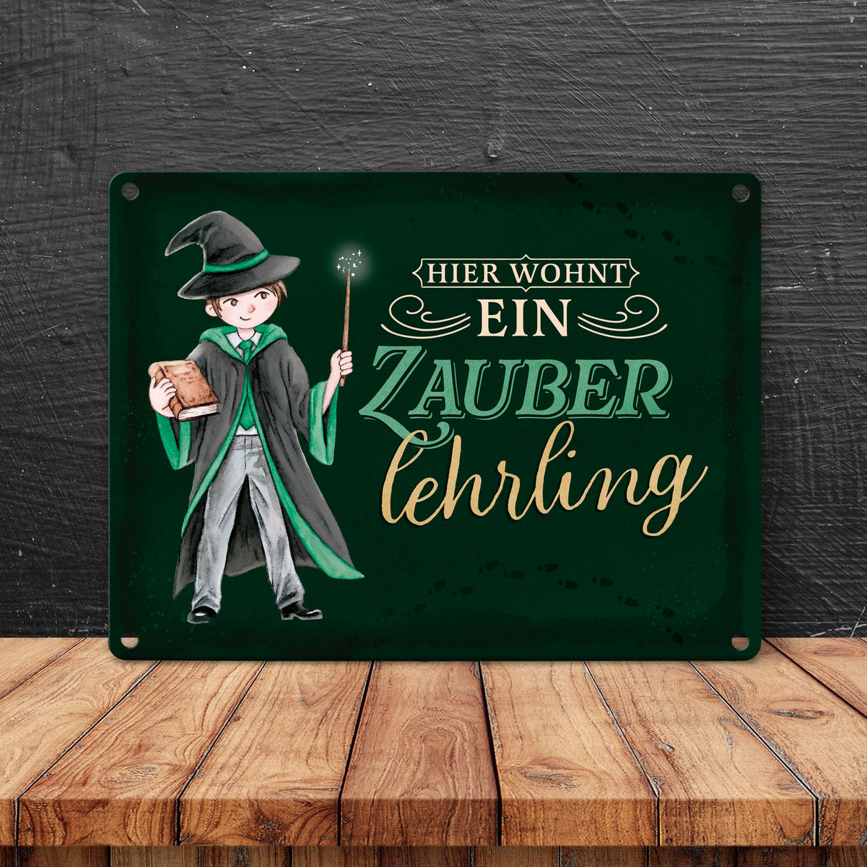 Zauberschüler Metallschild in 15x20 cm mit dunklem Hintergrund und Spruch