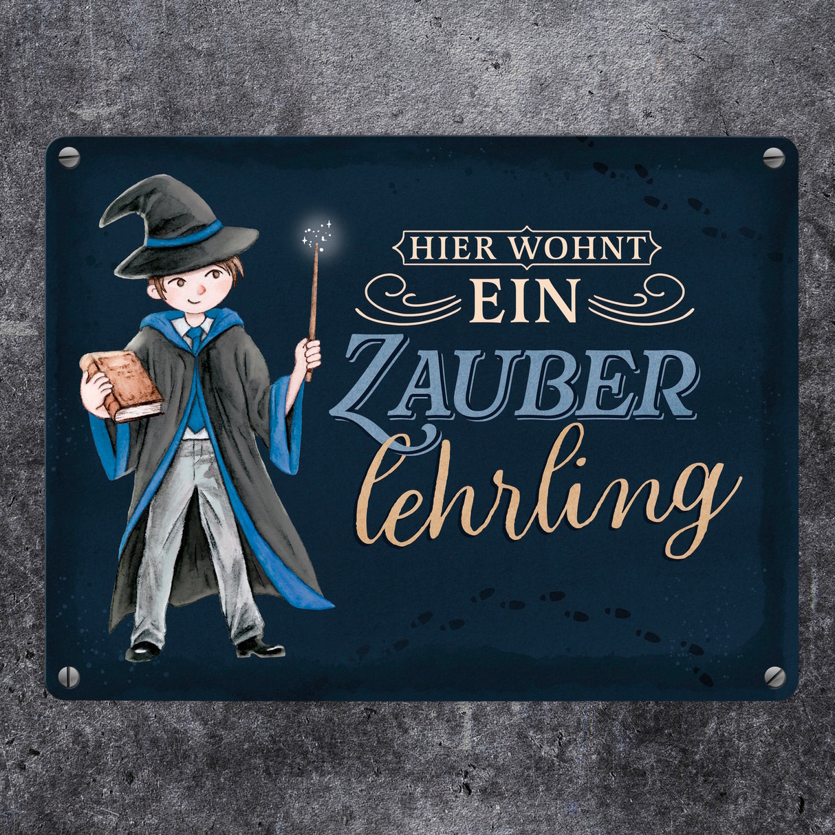 Zauberschüler Metallschild in 15x20 cm mit dunklem Hintergrund und Spruch