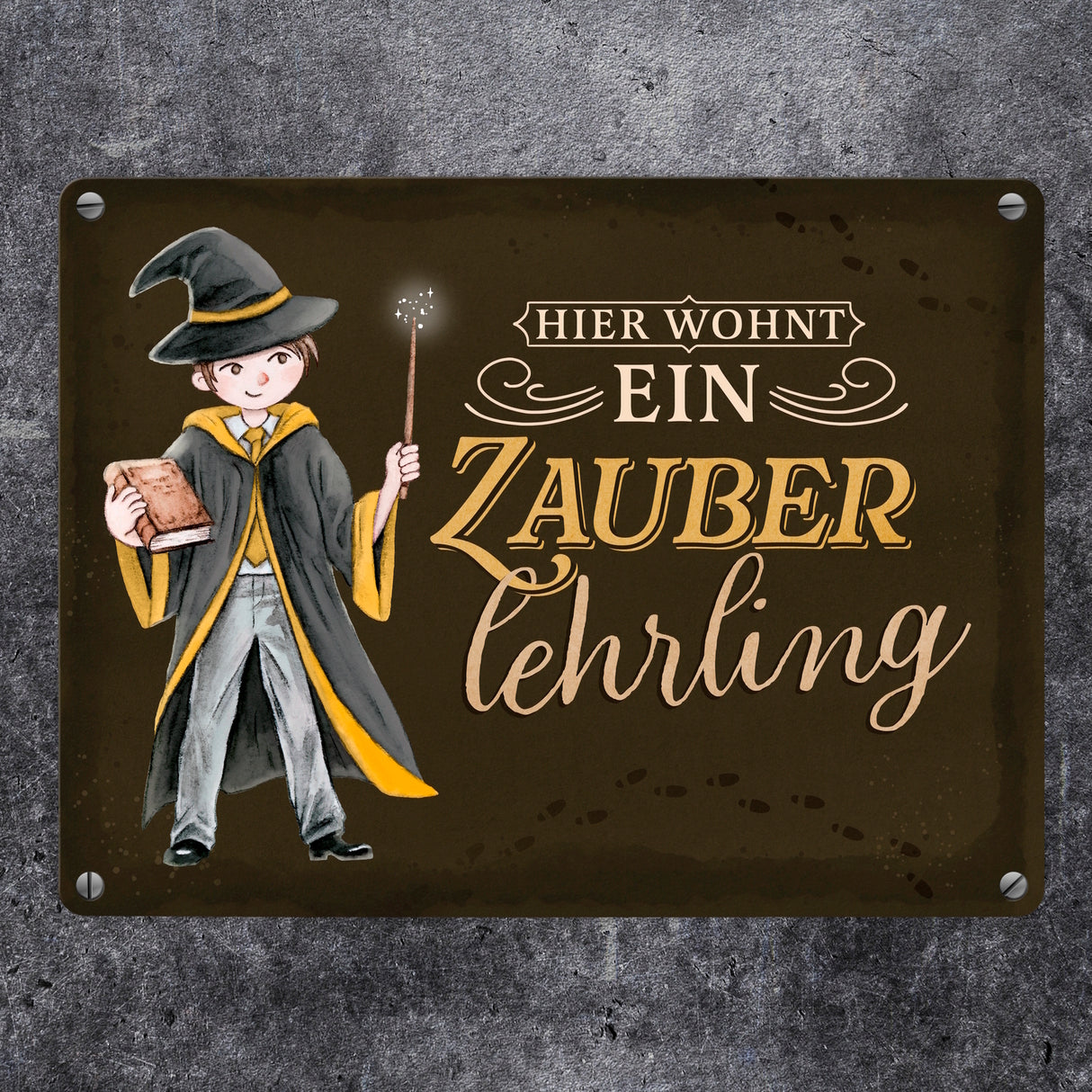 Zauberschüler Metallschild in 15x20 cm mit dunklem Hintergrund und Spruch