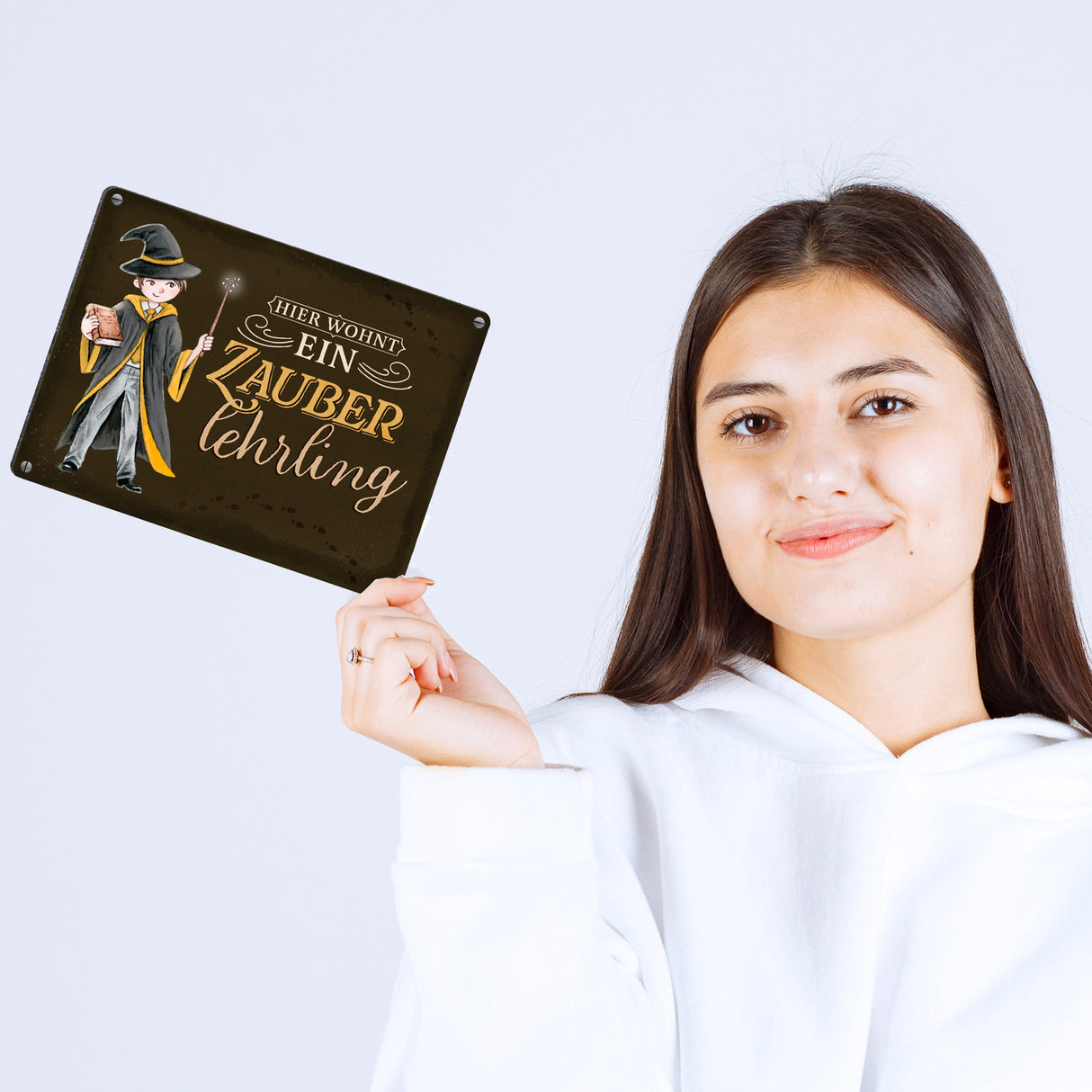 Zauberschüler Metallschild in 15x20 cm mit dunklem Hintergrund und Spruch
