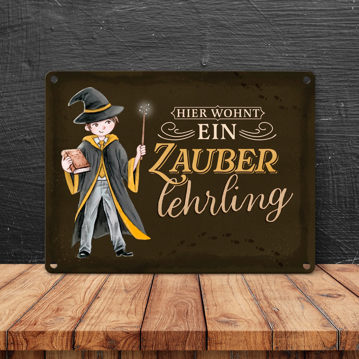 Zauberschüler Metallschild in 15x20 cm mit dunklem Hintergrund und Spruch