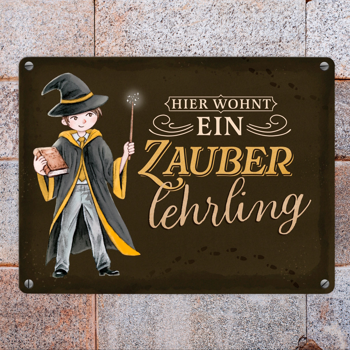 Zauberschüler Metallschild in 15x20 cm mit dunklem Hintergrund und Spruch