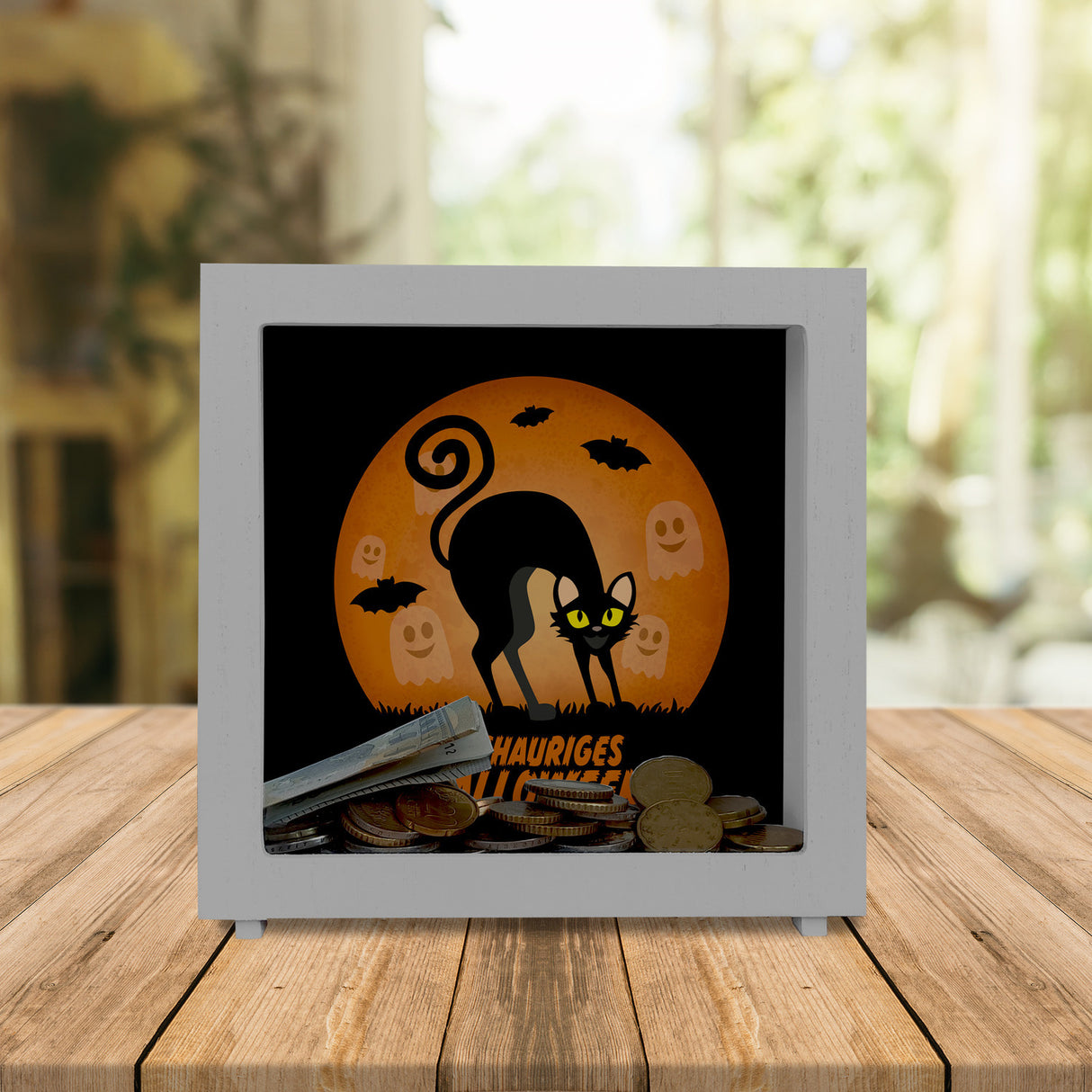 Schauriges Halloween Spardose mit schwarzer Katze