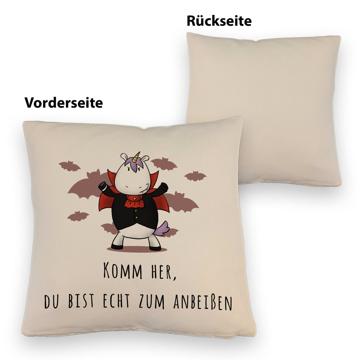 Einhorn-Vampir Kissen mit Spruch Du bist echt zum Anbeißen