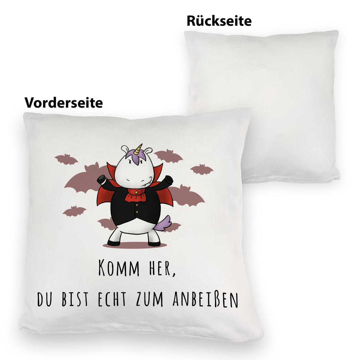 Einhorn-Vampir Kissen mit Spruch Du bist echt zum Anbeißen