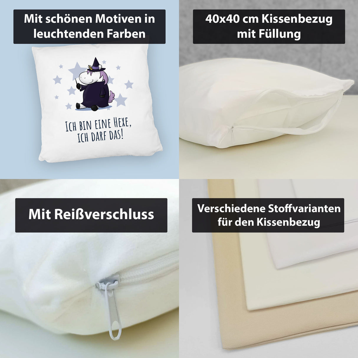 Einhorn-Hexe Kissen mit Spruch Ich bin eine Hexe ich darf das